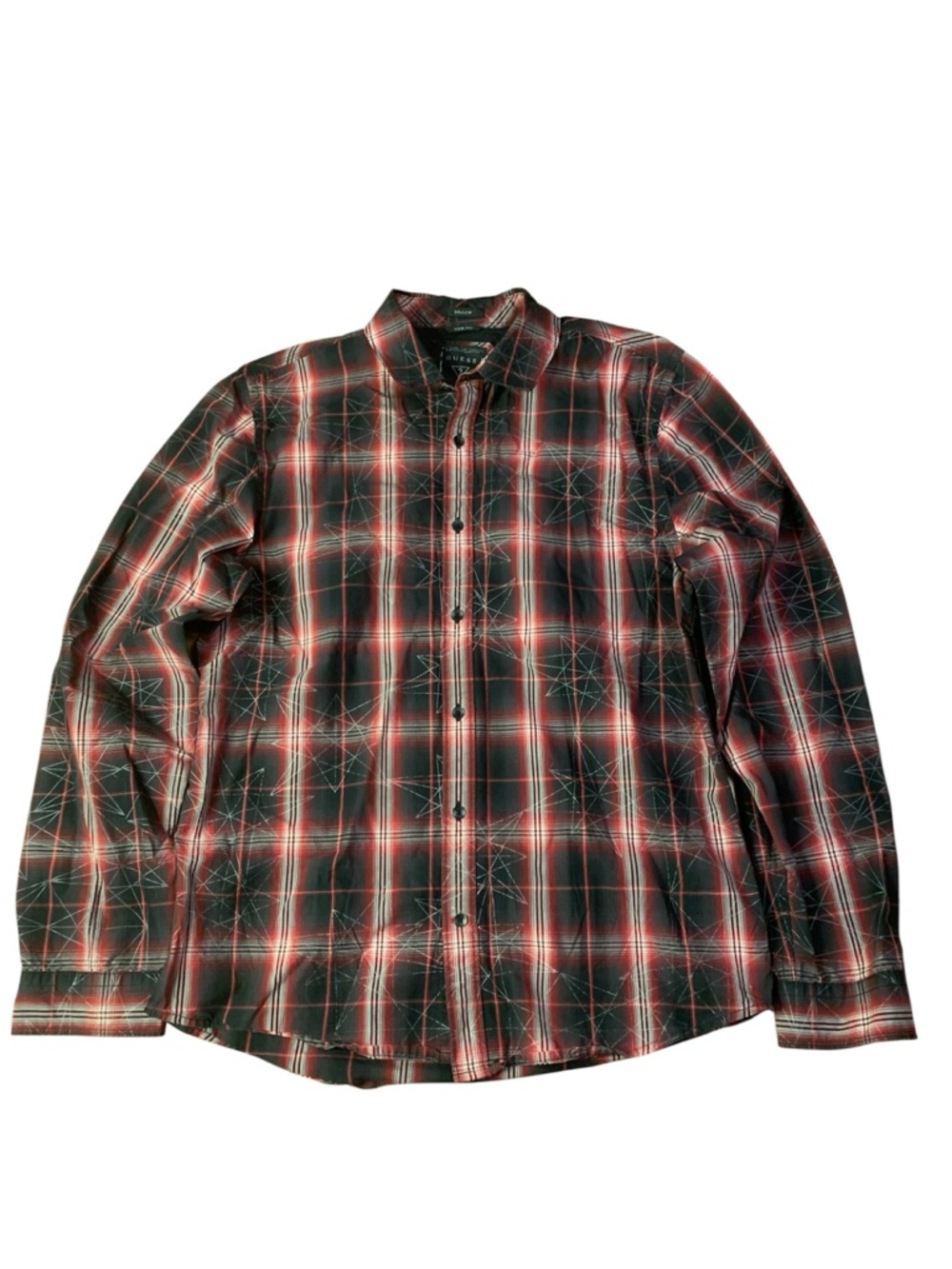 GUESS Dillon Slim Fit Plaid Shirt - Red & Black Geometric Star Pattern - Medium